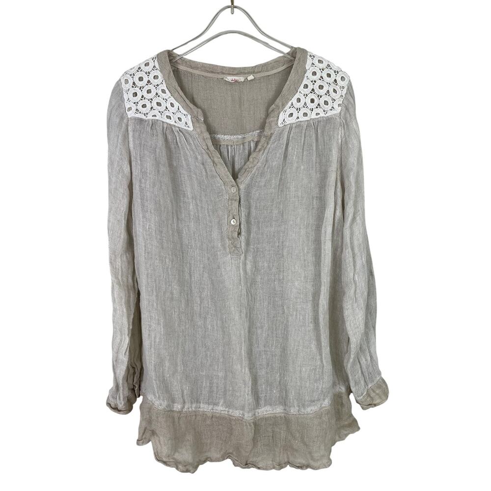 Dolma Linen Crochet Roll Tab Sleeve Tunic Top Neutral Size M Cottage Boho Indie